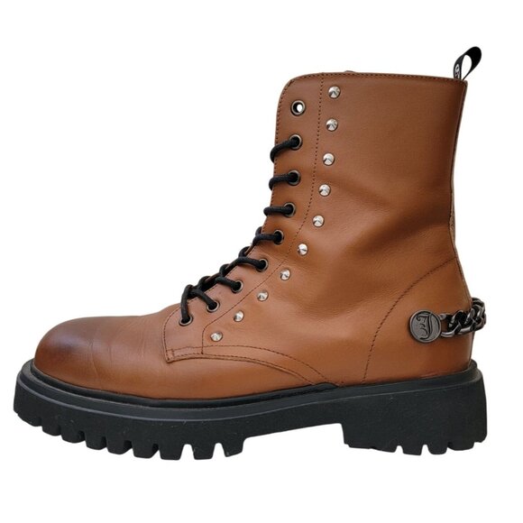 JOHN GALLIANO Curb Link Brown Leather Combat Boots w/ Side Zipper Sz 43